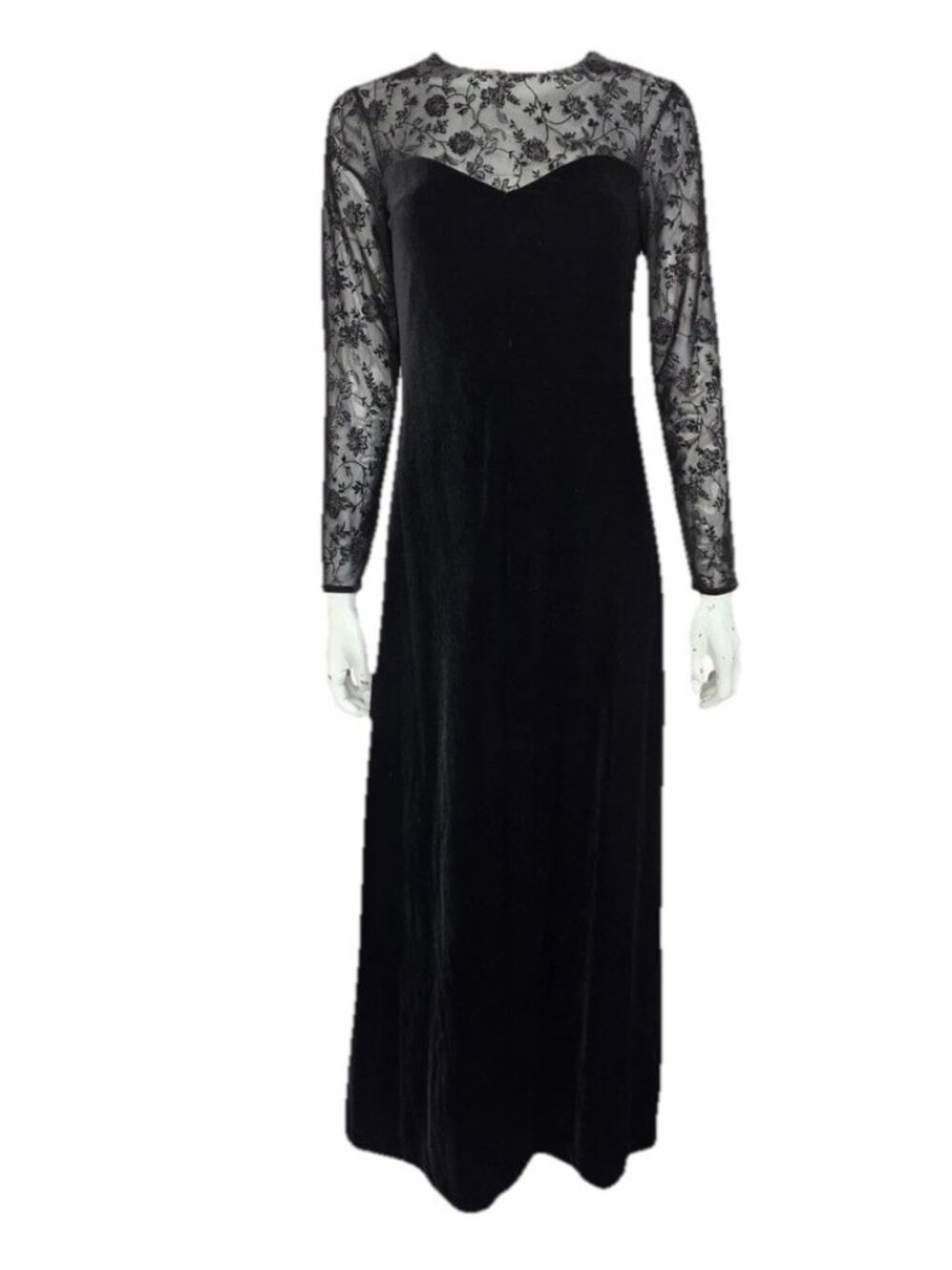 Sheer Lace Sleeve Bodice Stretch Velvet Robbie Bee Maxi Dress Sz 14 Black Goth